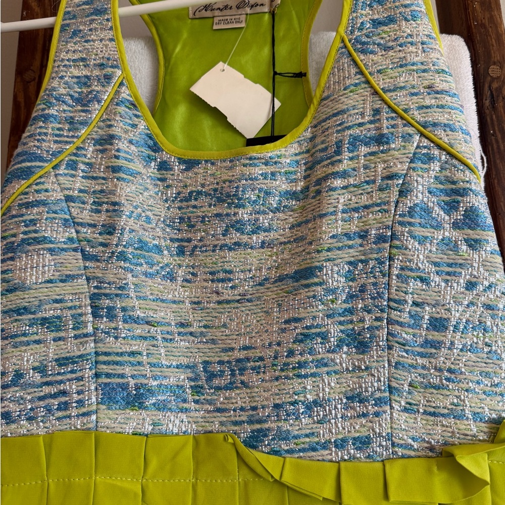 Hunter Dixon Anthropologie Chic Lime and Blue Textured Gown